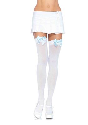 Sweet Thigh High Stockings with Bows in 13 Color Combinations (Color (BB-BG-BNP-BR-BW-BLP-LP-RR-WB-WLB-WLP-WR-WW): White with Light Blue Bow)