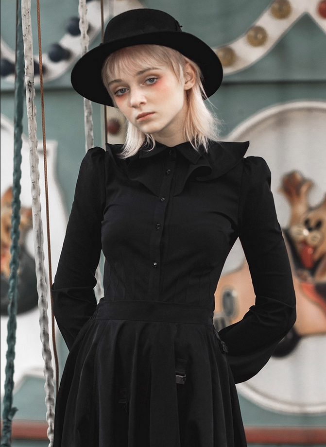 Women's Black Gothic Flounced Collar Flare Sleeved Fitted Shirt