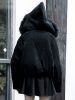Women's Punk Black Warm Fluffy Hooded Chamois Coat