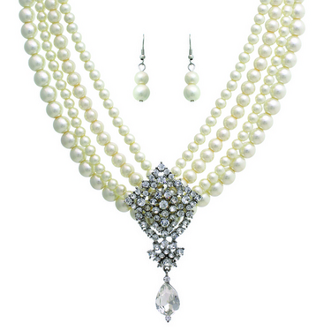 Costume Pearls and Rhinestone Necklace with Pearl Drop Earrings Set