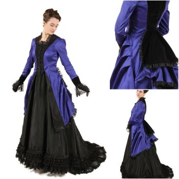 BLUE AND BLACK 1800's BUSTLE DRESS