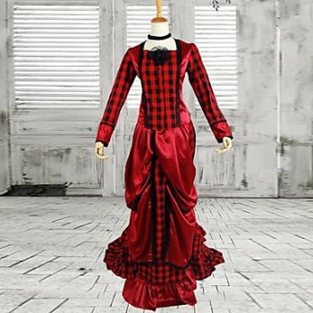Elegant Red And Black Check Victorian Bustle