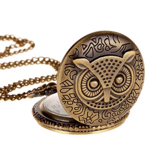 Decadent Steampunk Owl Quartz Pocket Chain Watch and Pendant Necklace