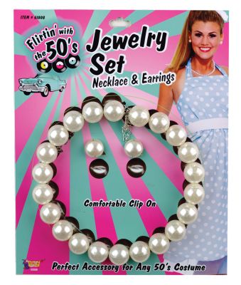 50â€™s Style Costume Fat White Pearls Necklace w/Earrings