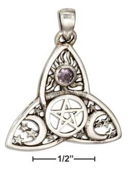 STERLING SILVER CELTIC TRIQUETRA PENDANT WITH PENTACLE AND PURPLE GLASS