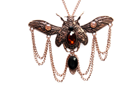 Antique Beetle with Rhinestones Necklace (Metal Color (C-S): Copper)
