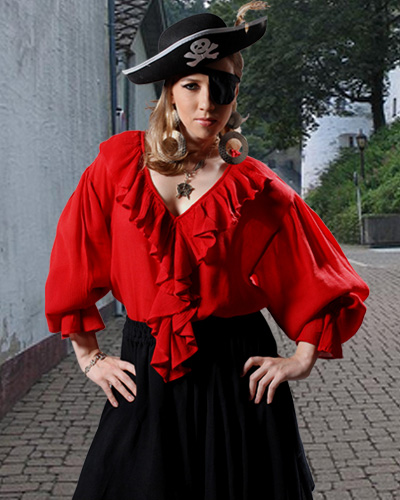WOMEN'S AUTHENTIC RUFFLED PIRATE BLOUSE (Color: (B-R): Red)