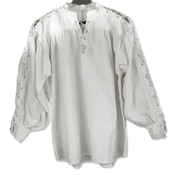 White Cotton Shirt, Collarless with Laced Neck & Sleeves (Size: M-XXL: Size: Medium)
