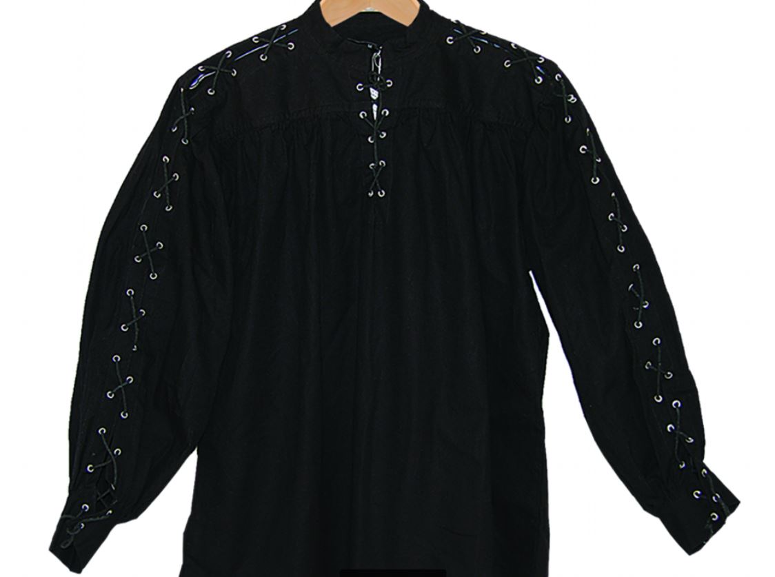 Black Cotton Shirt, Collarless with Laced Neck & Sleeves (SIZE.. M-XXL: Size: Medium)