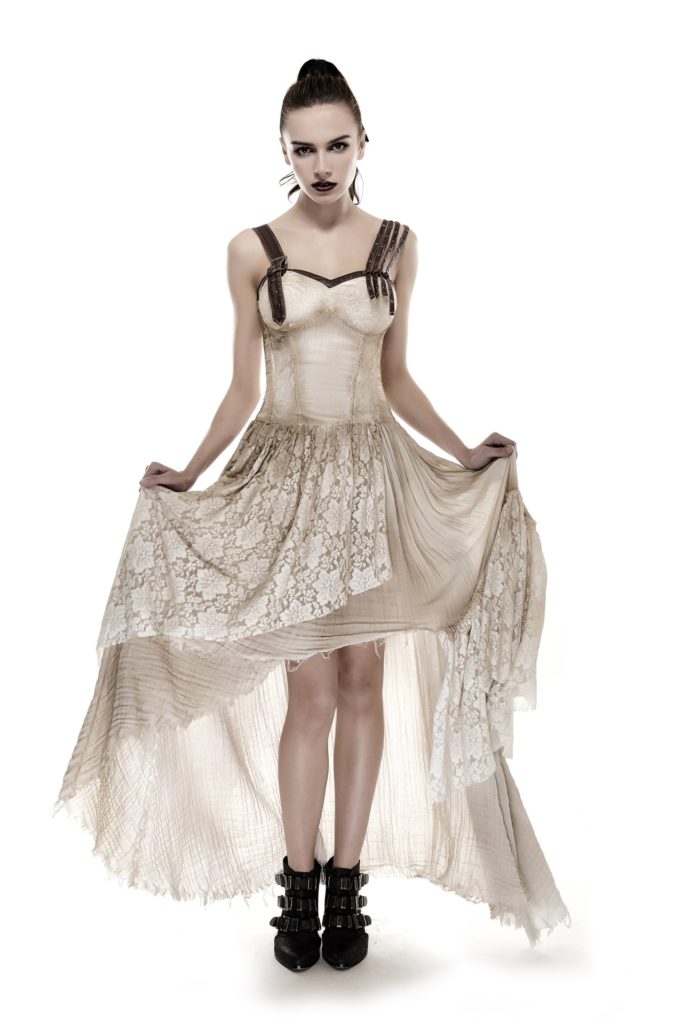 Steampunk Distressed Asymmetrical Hem Lace Dress (Color: (Be-Bk): Beige)