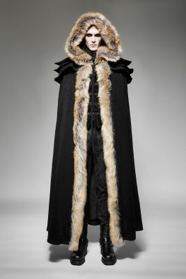 Long Gothic Red or Black Fur Trimmed Hooded Cloak (Color: (B-R): Black)