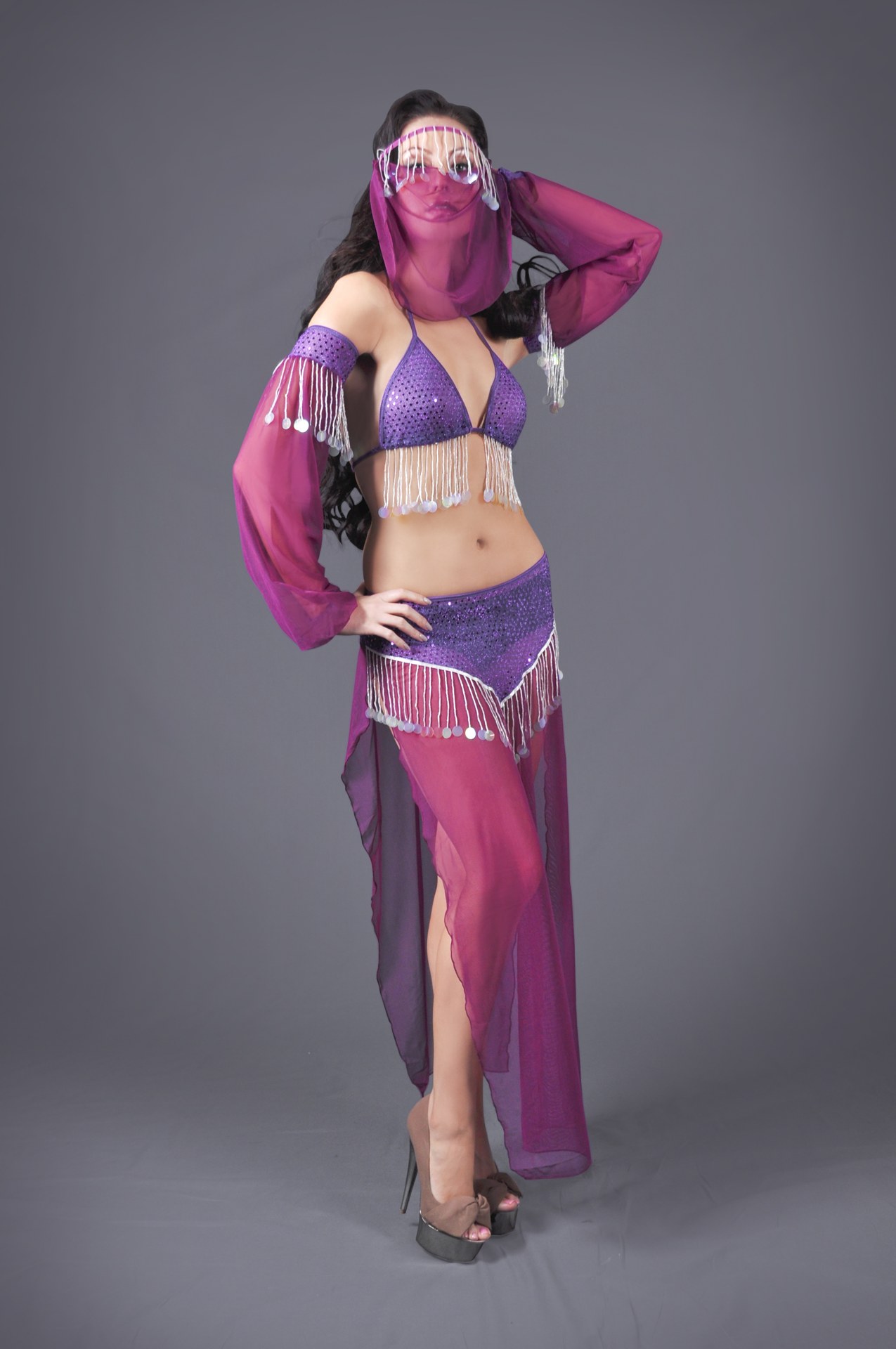 Belly Dancer Genie Costume 5 Piece Set in Red or Purple (Color: (R-P): Purple)